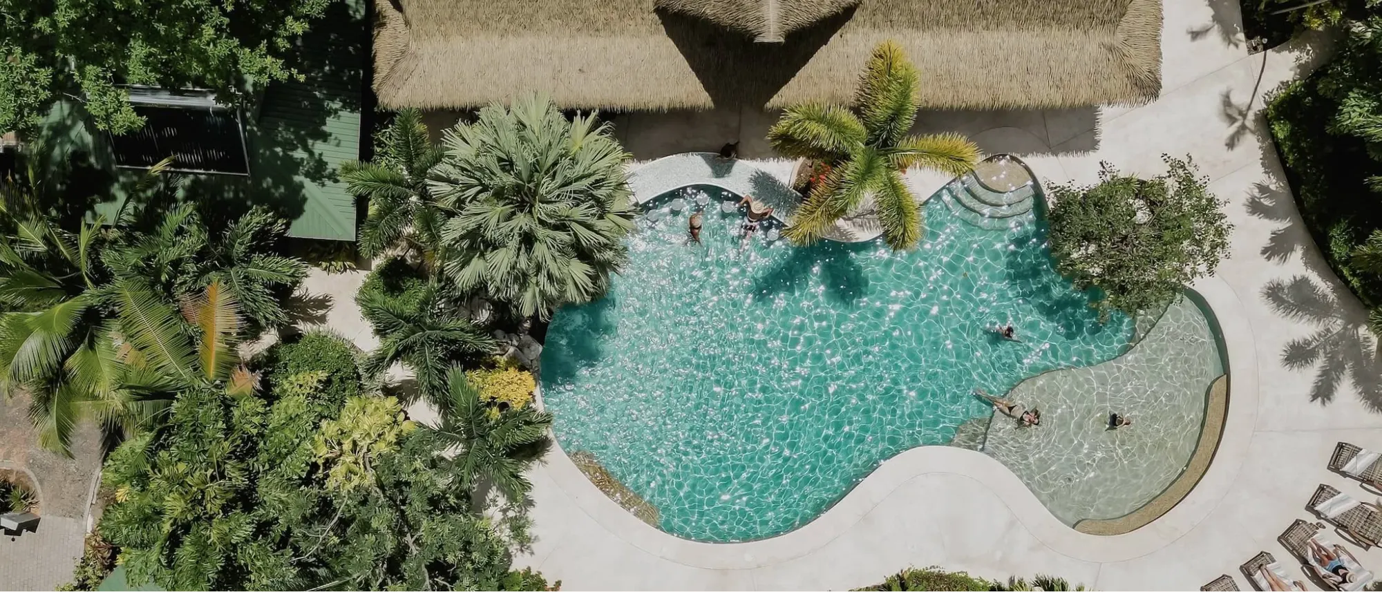 Aerial view of Paradise Villas — the pool, thatched rancho, and jungle grounds